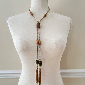 Vintage Victorian Style Czech Glass Beads Gold Tone Chain Lariat Tassel Necklace